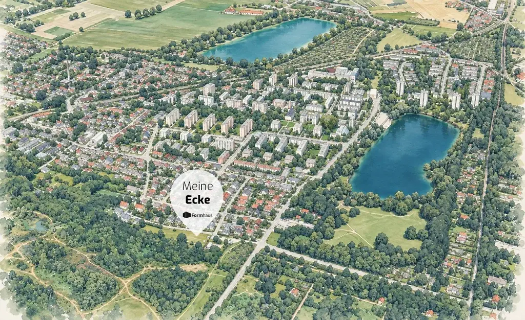 Illustrierte Luftansicht: Lage des Neubauprojekts Meineckestraße zwischen Lerchenauer See und Fasaneriesee